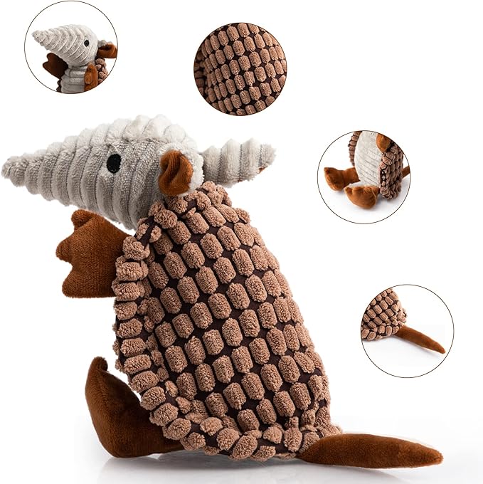 Hollypet Plush Dog Squeaky Toy Stuffed Armadillo Animal Pet Puppy Chew Toys with Clean Teeth for Small Medium Large All Breed Sizes Dogs, Brown, 8 in