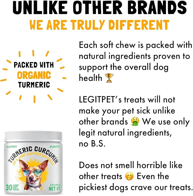 Turmeric Curcumin Hip & Joint Supplement for Dogs – Supports Mobility, Comfort & Overall Wellness – with Collagen & BioPerine – 30 Chews