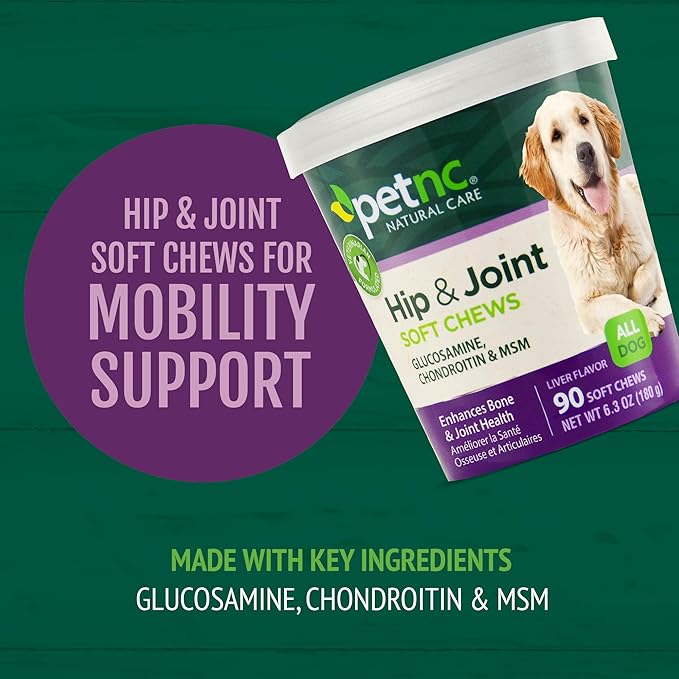 Petnc Natural Care Hip & Joint Health Supplement for Dogs (90 Chews), Glucosamine Chondroitin MSM Dog Chews with Hyaluronic Acid, Liver Flavored Bone & Joint Support Supplement, For All Breeds