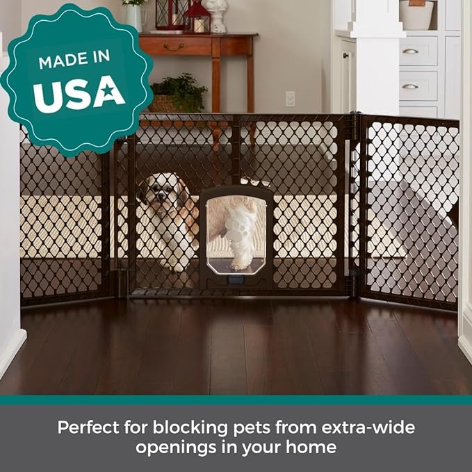 MyPet Extra Wide Dog Gate with Small Pet Door. 38.5” to 103.5" Wide. Cat Gate for Doorway. Made in USA. 26" Tall, Brown