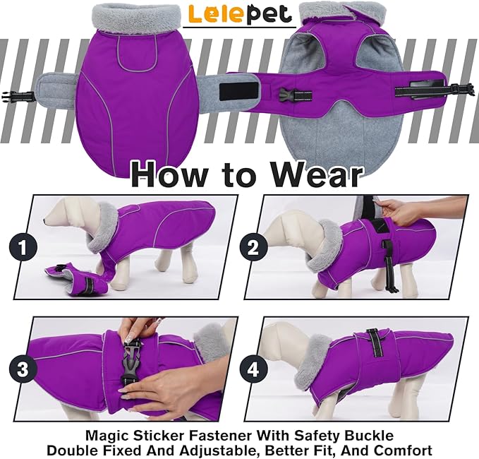 Lelepet Warm Dog Coat Reflective Fleece Vest Waterproof Dog Jacket with Adjustable Buckle Hook & Loop Windproof Cold Weather Coats for Small Medium Large Dogs, Purple, L