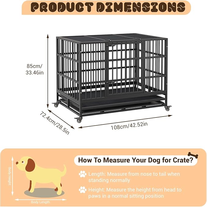 42 in Heavy Duty Dog Crate, Foldable Indoor Dog Cage with Double Door, 360° Lockable Wheels and Removable Tray, Easy to Clean and Assembly，for Small Medium Large Dogs