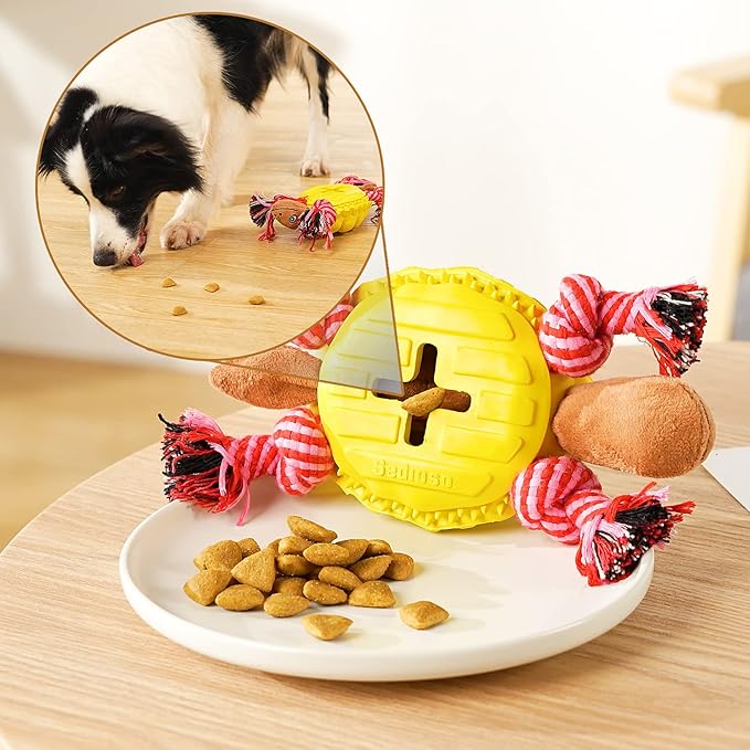 Multifunctional Rubber Dog Chew Toy for Middle, Large Dogs - Food Dispensing Puzzle Toy, Aggressive Chewer, Yellow