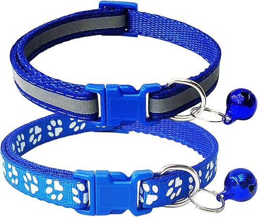 CHBORCHICEN 2-Pack Footprint & Reflective Cat Collar with Bell Basic Dog Cat Collar Buckle Adjustable Polyester Cat Dog Collar or Seatbelts (Small, Blue)