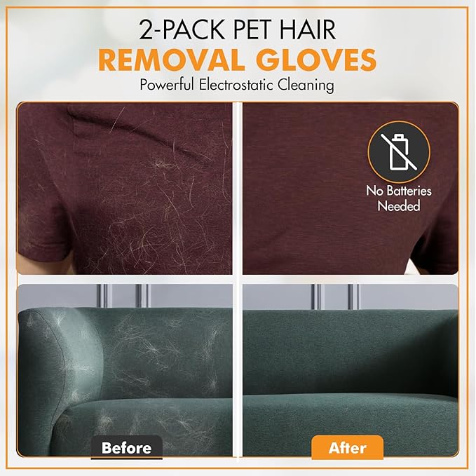 2 Packs Pet Hair Removal Glove – Electrostatic Pet Hair Remover Glove, Reusable Magic Brush Pet Hair Grooming Tool for Cats & Dogs, Furniture, Carpet, Clothing & Car Seat – Black