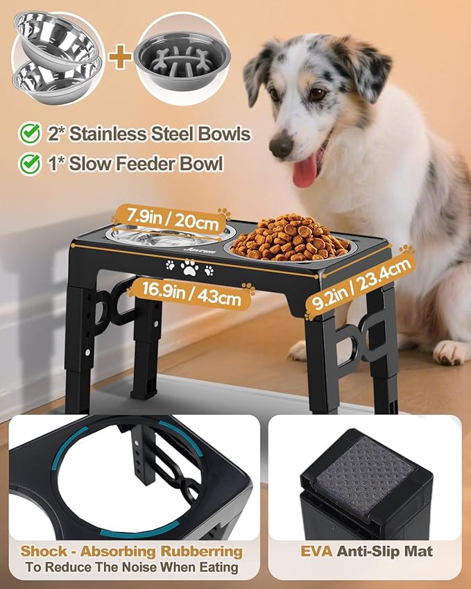 Elevated Dog Bowls, Dog Feeder with 2 Stainless Steel Dishes &1 Slow Feeder Bowl, 5 Heights Adjustable Raised Stand for Medium Large, Food Dishes with Non-Slip Feet
