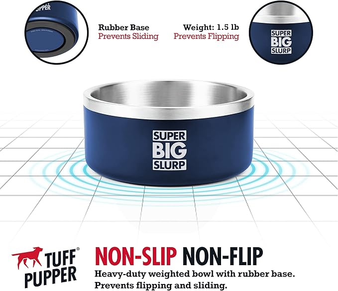 Tuff Pupper Heavy Duty Insulated Dog Bowl | Double Wall Stainless Steel Dog Food Dish | Non-Slip Spill Proof Dishwasher Safe Cat Bowl | Water Dish for Feeding Large Medium Small Pets (44oz, Blue)