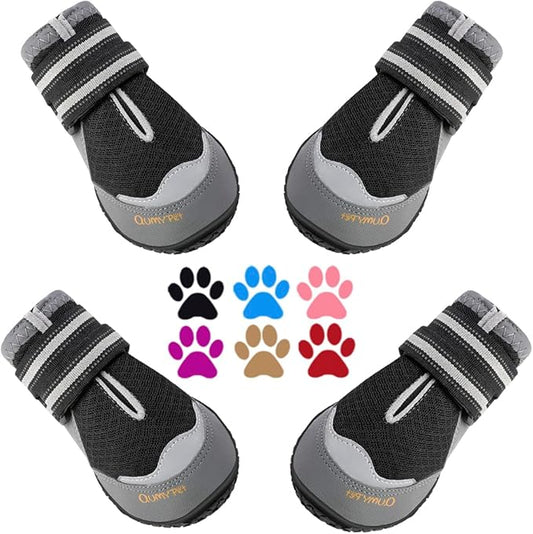 QUMY 4PCS Dog Boots for Large Dogs, Medium Dog Shoes & Paw Protectors for Hot Pavement, Summer Heat Protection, Mesh Breathable Nonslip Dog Booties for Hardfloors, Walking Running Hiking Black Size 5