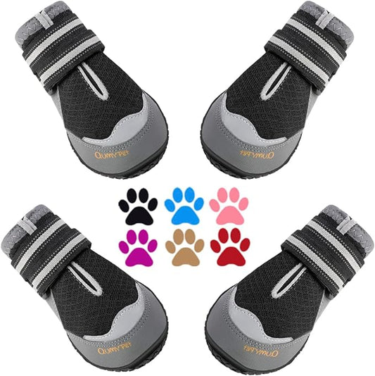 QUMY 4PCS Dog Boots for Large Dogs, Medium Dog Shoes & Paw Protectors for Hot Pavement, Summer Heat Protection, Mesh Breathable Nonslip Dog Booties for Hardfloors, Walking Running Hiking Black Size 6