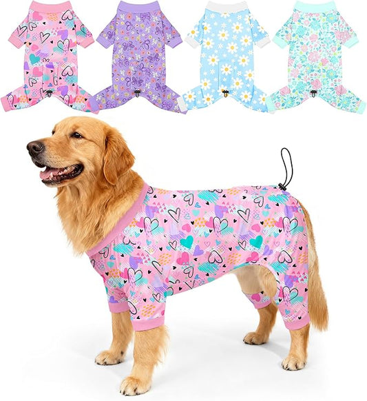 Bienbee Dog Pajamas, 4 Pack Cute Soft Dog Puppy Clothes Dogs Pjs Onesies Jammies Outfit Adjustable Breathable & Stretchy Clothes for Small Medium Large Dogs Girl Boy Puppy-2XL