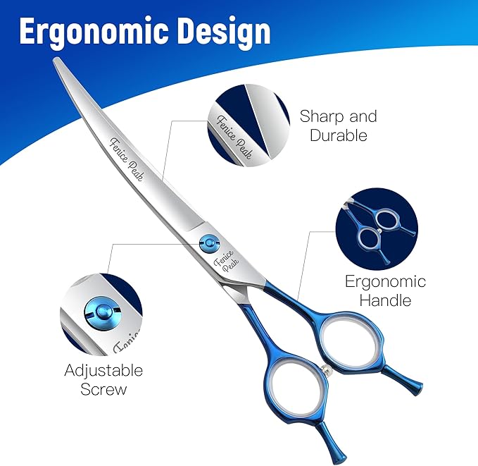 Fenice Peak Grooming Scissors for Dogs 7 inch Curved Pet Grooming Scissors Ergonomically Designed Blue Handles Ideal Dog Shears for Precise Trimming Easy Use.