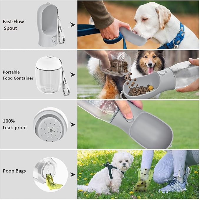 20oz Dog Water Bottle with Food Container & Poop Bag Dispenser | Leak-Proof Portable Pet Water Dispenser with Carabiner Clip | for Walking, Hiking, Travel