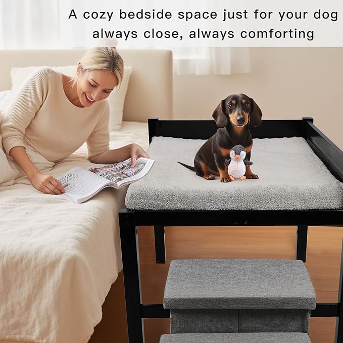 Bedside Dog Bed with Stairs，35×23 Wooden Elevated Dog Bed Cosleeper with Removable Mattress, Foldable 3-Step Stairs & Guardrail, Bassinet-Style Pet Bed for Medium Dogs