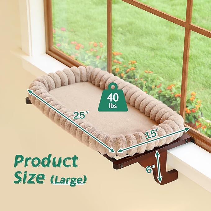Zakkart SnugCloud Cat Window Perch with 4-Sided Bolster - Orthopedic Cat Hammock for Window Sill - Solid Hardwood & Metal Frame - Window Seat for Pets (Dark Stained Wood w/Brown Bed, Large)