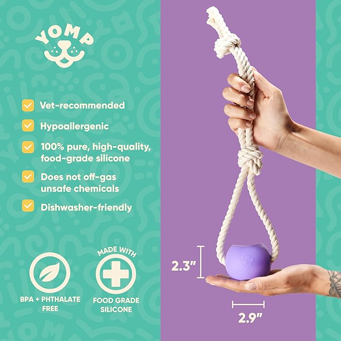 Yomp BallRope Ball on a Rope Dog Toy – Interactive Tug of War Toy for Soft and Medium Chewers, Teething Puppy Ball – Made from Pet-Safe, Non-Toxic Silicone