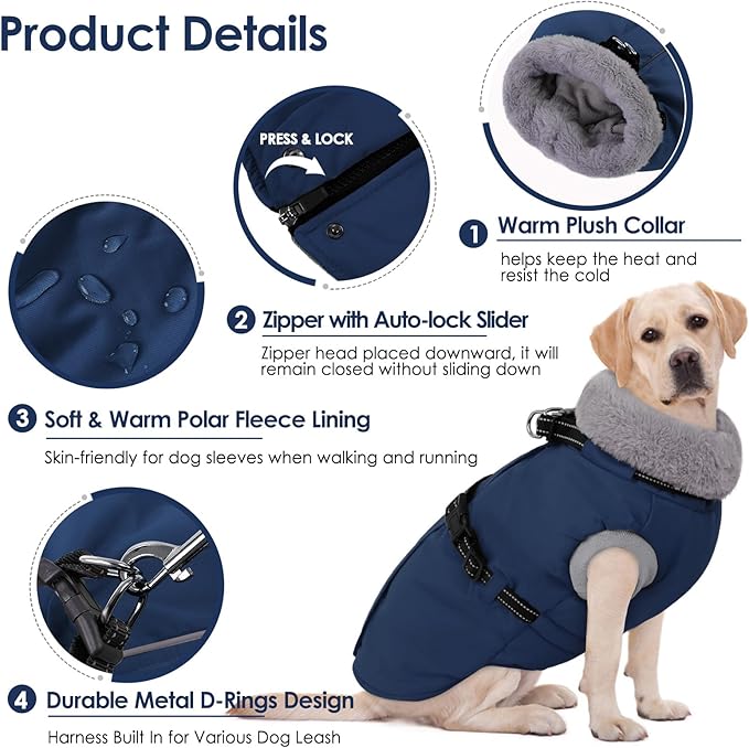 AOFITEE Dog Coat, Warm Dog Winter Coat with Harness Built in, Waterproof Pet Snow Jacket with Zipper on Back, Fleece Pet Sweater Outdoor Puffer Jacket Snowsuit for Extra Large Dogs, Blue XXL