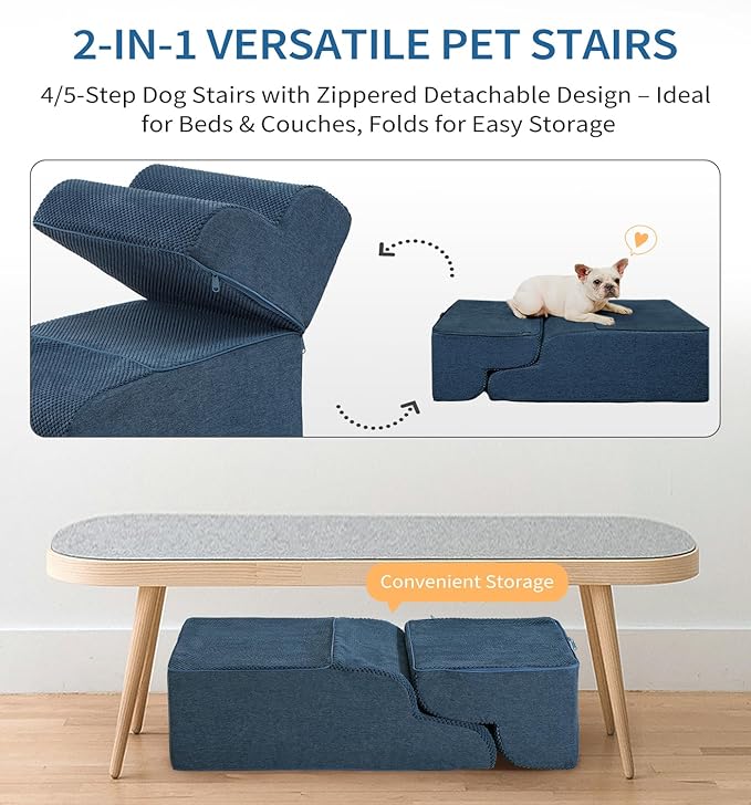 Made4Pets Dog Stairs Ramp for Bed, 4-Step Dog Steps for High Bed Couch Sofa Climbing, 35D Foam Pet Steps for Small Dogs and Cats, Non-Slip Bottom Pet Stairs, Navy
