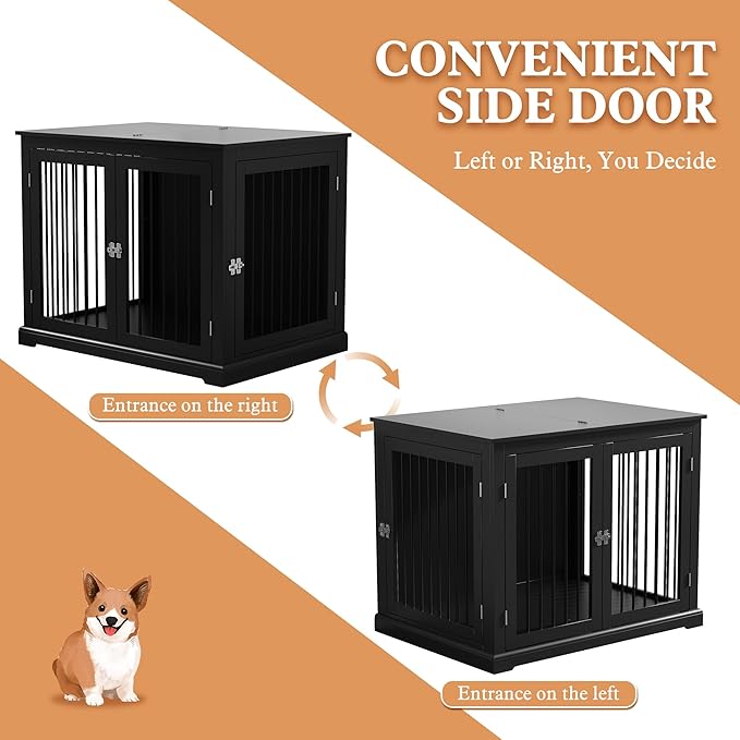 Large Dog Crate Furniture, Wooden Dog Kennel with Cushion, Dog Crate End Table Large, Indoor Dog Kennel, Modern Decorative Dog Crates with Flip Top, Chew-Proof Metal Bars, Black