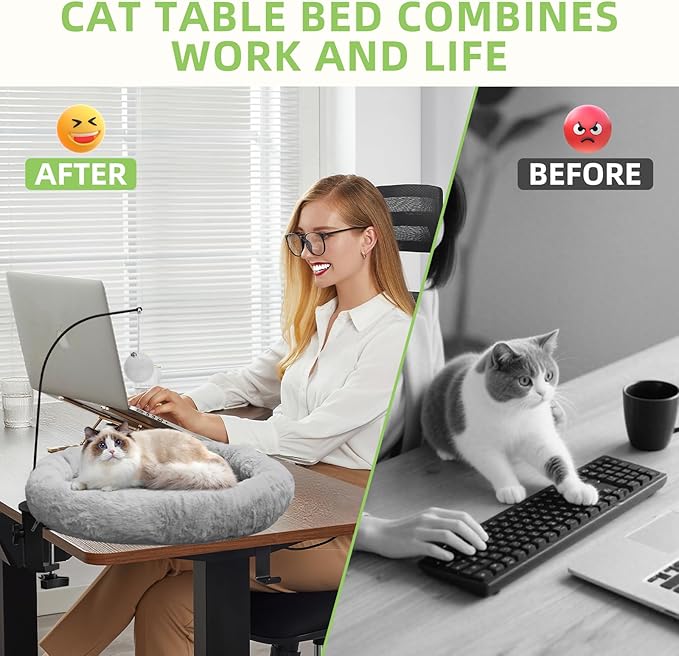 Cat Desk Bed - Hanging Plush Ball Design, 360° Rotating Round Cats Bed, Can Bear 50 Pounds, Soft Faux Rabbit Fur Material, Cat Hammock are Suitable for Various Desktops