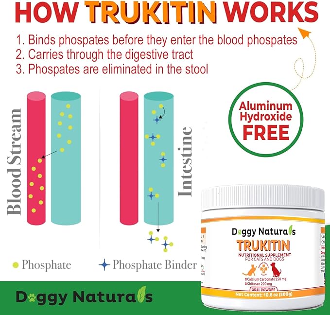 Trukitin Chitosin Based Phosphate Binder for Cats & Dogs – All Natural Human Grade Ingredients for Renal Support Supplement with Calcium Carbonate Oral Powder (Made in U.S.A)