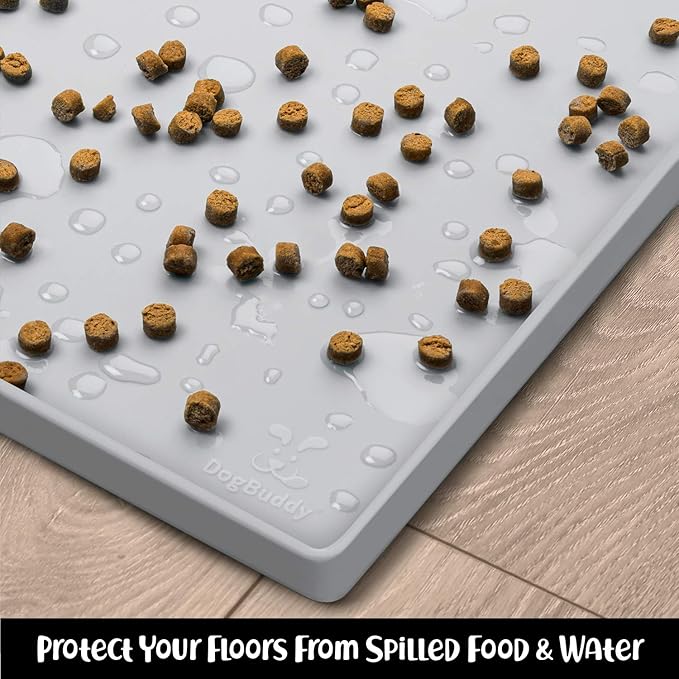 DogBuddy Dog Food Mat – Waterproof Dog Bowl Mat for Food and Water, Silicone Pet Feeding Mats for Floors, Non-Slip Placemat with High Edges for Dogs Bowls, Puppy Essentials (Large: 24"x16", Mist)