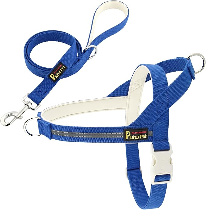 Plutus Pet Cotton Dog Harness and Leash Set, Reflective and Soft Padded, Quick Fit Vest Harness, for Small, Medium and Large Dogs, Royal Blue, S