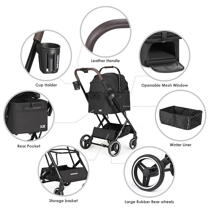 X2 Pet Stroller, Dog Cat Stroller for Small Pets Under 44lbs, Equipped with Detachable & Foldable Carrier, Waterproof Pad & Sunshade Canopy,Camel (Black)