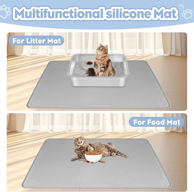Cat Litter Mat, Extra Large 34" x 22" Silicone Mat Litter Trapping Mat for Scatter Control, Soft on Kitty Paws, Easy to Clean (Light Grey)