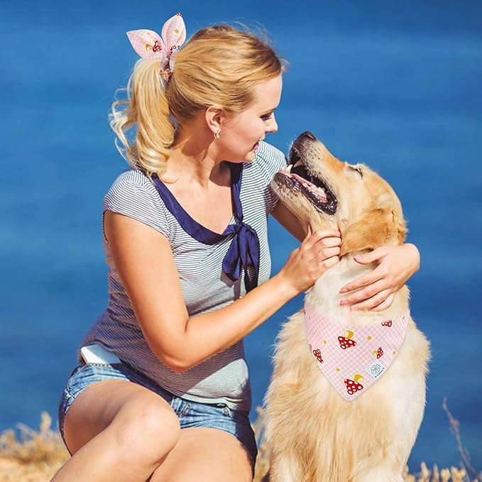E-Clover Pink Buffalo Plaid Dog Bandanas & Matching Scrunchie Set Girl Cute Dog Scarf Bibs Pet Bandana with Bow Tie for Small Dogs Puppy Owner Mom