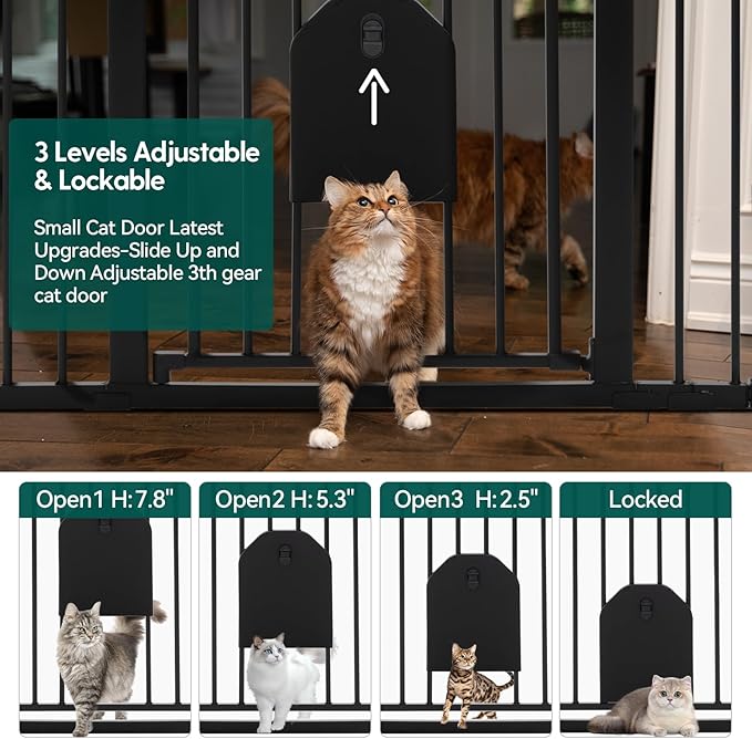 Babelio 36-56" Extra Wide Auto Close Baby Gate with Cat Door, Pet Gate Indoor with Extra Wide Walk Thru Door, Metal Dog Gate for Doorway, Stairs, Includes 4 Wall Cups and 3 Extension Pieces, Black