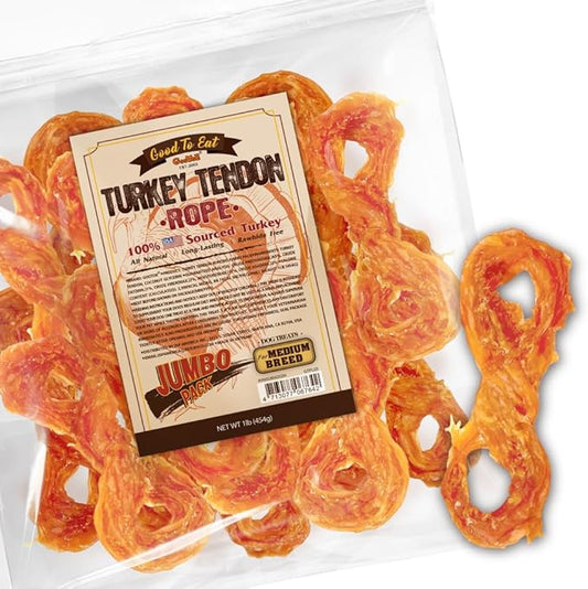 Gootoe Turkey Tendon Dog Treats, Rope (M) 1 lb, USA-Sourced Turkey Tendon, Natural Snack, Premium Puppy Chews, Hypoallergenic, Rawhide Free, Reseal Value Bag, Sizes for Medium Dogs