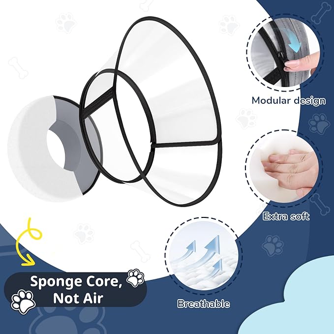 Sponge Core Dog Cone, Inflatable Dog Cone Collar Alternative, Dogs Donut Collar After Surgery, Soft Cone for Large Medium Small Dogs to Stop Licking, No Inflation Required, Clear View(Size 1, Gray)