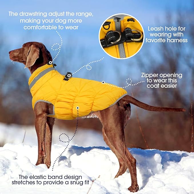 FUAMEY Dog Coat for Small Dogs,Waterproof Dog Winter Jacket with Harness Built in Puppy Cold Weather Coats Reflective Pet Vest with Zipper Warm Fleece Dogs Snowsuit Windproof Yellow S