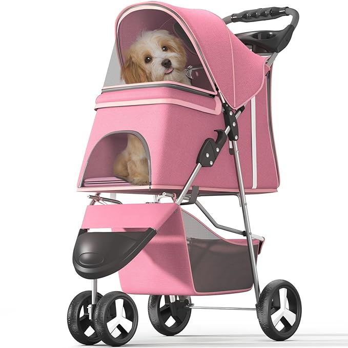 Pet Stroller with 3 Wheels for Small/Medium Pets, Portable Travel Foldable Carrier Jogger for Dog Cat Puppy Kitty, Rear Wheel Breaks, Storage Basket, Visible Mesh with Weather Cover (Pink)