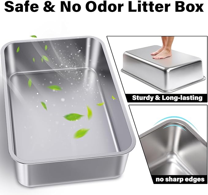 Stainless Steel Litter Box with Lid 2packs，Metal Litter Box with Covered Easy to Clean,Extra Large Litters Boxes for Big Cats with Scoop,Litters Boxes High Sided, Non-Sticky, Anti-Leakage