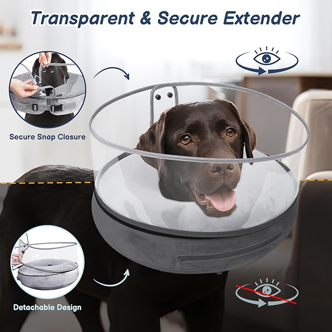 BARKLESS Inflatable Dog Cone, Protective Dog Surgery Collar to Stop Licking Biting Wounds, Patented Soft Donut Cone with Clear Shield, Adjustable Blow-up Collar for Surgery Recovery (Grey, S)