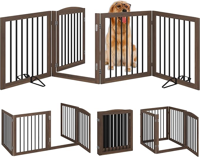 Vantas Folding Pet Gate 96" Wide, 30" Tall No-Assembly Wooden Dog Gate with Door Walk Through, Freestanding Pet Gate, Puppy Safety Fence, with 2PCS Support - Brown