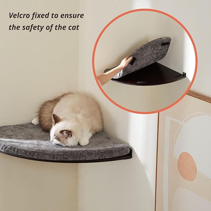 Wall Mounted Corner Cat Bed - Cat Shelf with Comfortable Cushion - Minimalistic Cats Furniture for Indoor Cats - Climbing Perch for Wall, Walnut