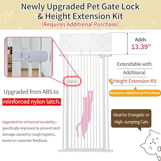 Lumizone Extra Tall Cat Gate 61.02" High Pressure Mounted Extra Wide 2025 New (17 Sizes) 1.37" Gap No Drilling Auto-Close One-Handed Operation Tall Pet Gate for Dogs(White, 92.72"-96.85"/235.5-246CM)