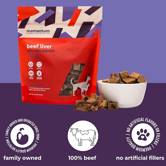 Momentum Carnivore Nutrition Freeze-Dried Beef Liver Dog Treats – Single-Ingredient, Dog & Cat Treats – High-Protein, Grain-Free– 4 oz Bag