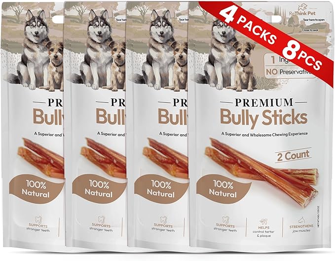 Bully Sticks for Dogs, 8 Count (4 Packs) – Premium All-Natural Beef Chews, Odor-Free, Long-Lasting Dog Treats, Rawhide Alternative for Small & Medium Breeds
