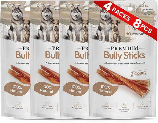 Bully Sticks for Dogs, 8 Count (4 Packs) – Premium All-Natural Beef Chews, Odor-Free, Long-Lasting Dog Treats, Rawhide Alternative for Small & Medium Breeds