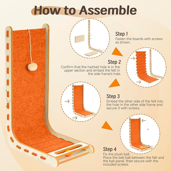 L Shaped Cat Scratcher with Ball Toy Felt Standing Cat Scratching Board for Indoor Cats Adults Vertical Scratch Pad Furniture Protector Kitten Toys 26.8 Inch-Orange
