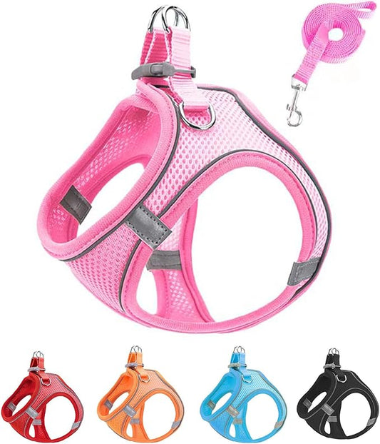 M Pink Soft Mesh Dog Harness and Leash Set,No Escape Puppy Harnesses for Training Walking， Reflective Adjustable Puppy Vest for Small Medium Dogs, Cats (Pink, M)
