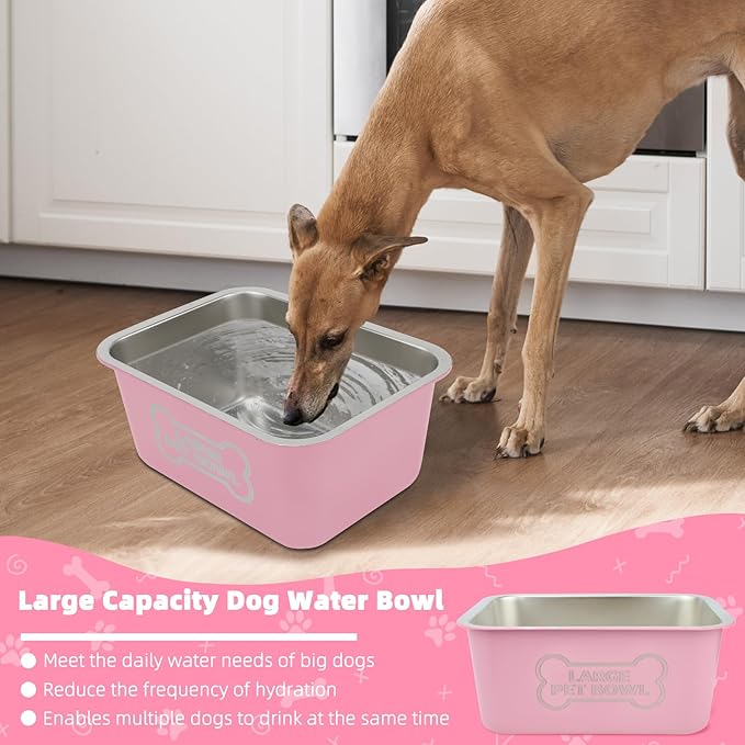 3 Gallons Large Dog Water Bowl, High Capacity Stainless Steel Dog Bowls, Indoor Outdoor Water Bowl for Dogs Metal Pet Food Dish for Medium Large Giant Breed Easy to Clean (Pink)