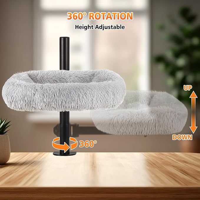 Large Cat Desk Bed - 360°Rotating Height Adjustable, Soft Removable Desk Cat Bed, Suitable for Gaming Desks and Office Desks, Maximum Weight Capacity Up to 35 lbs