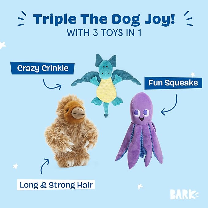 Barkbox Best of BarkBox Bundle – Squeaky Dog Toys – Plush Chew Toys – Puppy and Pet Toys for Medium and Large Dogs – Gordon The Sloth, Dingbert The Dragon, and Ollie The Octopus