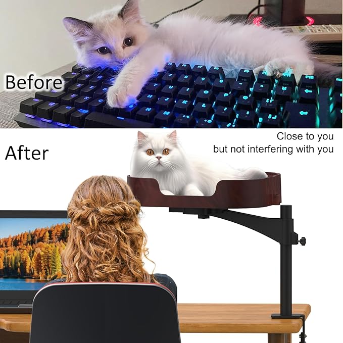 Cat Desk Bed, Adjustable Up and Down and 360° Rotatable for Elevated Pet Habitat in The Home&Office - Space-Saving, Comfortable Litter, Pet Mat and Removable Indoor Cat Mat