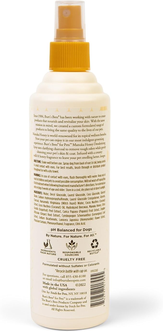 Burt’s Bees for Pets Deodorizing Dog Spray with Manuka Honey and Charcoal for Dogs - Naturally Derived Ingredients, Formulated Without Artificial Fragrances, Sulfates, Colorants, 10 Fl Oz