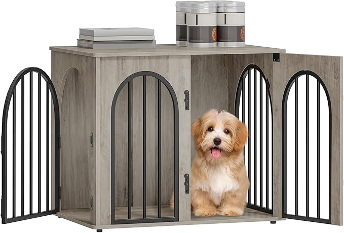 26.8'' Wooden Dog Crate Furniture, Indoor Dog Kennel Dogs Cage for Small Dogs, Heavy Duty Dog Crates Decorative Pet House End Side Table TV Stand, Greige DFC85505B